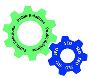 Graphic showing 2 cogs labeled "Public Relations" and "SEO"