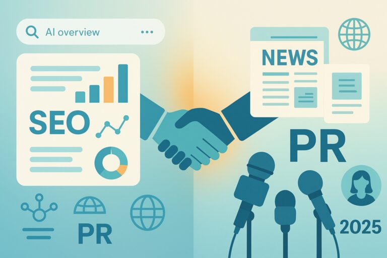 Graphic showing PR and SEO Together with a shaking hands image.