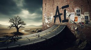 A dead end street with a brick wall and "AI" on the wall with press releases scattered around.