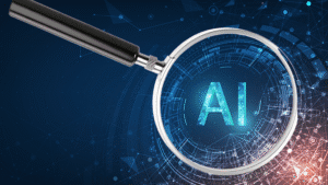 A space background with AI lettering and a magnifying glass hovering over it.