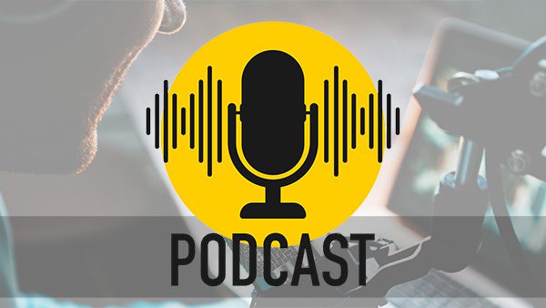 A podcaster in the background with a podcast logo in front.