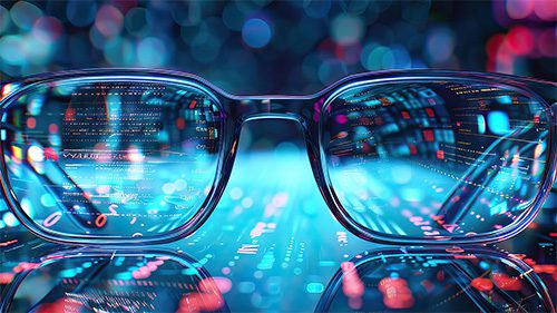 An AI image with a pair of glasses in front.